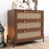 Modern Cannage Rattan Wood Closet 3-Drawer Chest Wood Storage Cabinet Sideboard for Bedroom, Living Room, Entryway, Hallway, Walnut