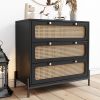 Modern Cannage Rattan Wood Closet 3-Drawer Chest Wood Storage Cabinet Sideboard for Bedroom, Living Room, Entryway, Hallway, Black