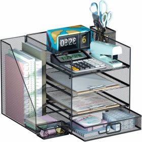 Desk Organizer, File Organizer for Desk with Vertical File Folder Holders, 4-Tier Paper Letter Tray with Sliding Drawer and Pen Holder, Desk Accessori