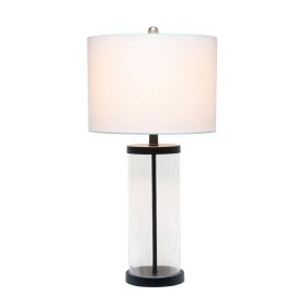 Enclosed Glass Table Lamp with Black Metal Accents Base and White Fabric Shade