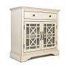 Koi 32 Inch Acacia Wood Accent Cabinet Console; 2 Fretwork Tempered Glass Doors; 1 Shelf; Antique White