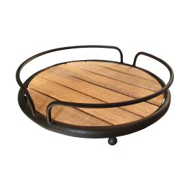 Round Tubular Metal Frame Tray with Plank Style Wooden Base; Brown and Black