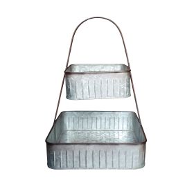 2 Tier Square Galvanized Metal Corrugated Tray with Arched Handle; Gray