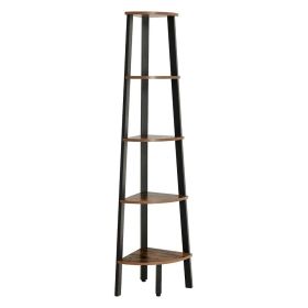 63 Inch Industrial Five Tier Wood Corner Shelf; Iron Frame; Rustic Brown; Black