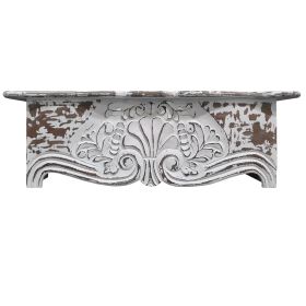 28 Inch Handcrafted Floating Wall Shelf; Ornate Carved Wood With Engraved Floral Details; Distressed White