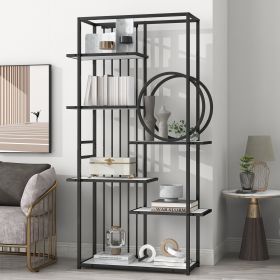 6 Tiers Home Office Bookcase Open Bookshelf with Black Metal Frame Storage Large Bookshelf Furniture; White