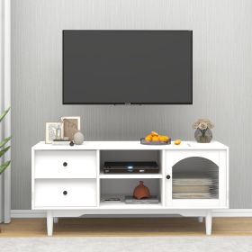 Living Room White TV Stand with Drawers and Open Shelves; A Cabinet with Glass Doors for Storage