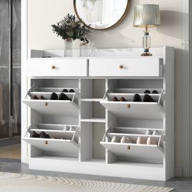 ON-TREND Modern Shoe Cabinet with 4 Flip Drawers; Multifunctional 2-Tier Shoe Storage Organizer with Drawers; Free Standing Shoe Rack for Entrance Hal