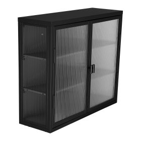 Retro Style Haze Double Glass Door Wall Cabinet With Detachable Shelves for Office; Dining Room; Living Room; Kitchen and Bathroom Black