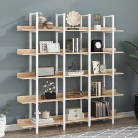 5 Tier Bookcase Home Office Open Bookshelf; Vintage Industrial Style Shelf; MDF Board; White Metal Frame; Oak