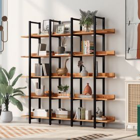 5 Tier Bookcase Home Office Open Bookshelf; Vintage Industrial Style Shelf; MDF Board; Black Metal Frame; Brown