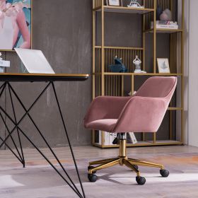 Modern Velvet Fabric Material Adjustable Height 360 revolving Home Office Chair with Gold Metal Legs and Universal Wheels for Indoor; Pink