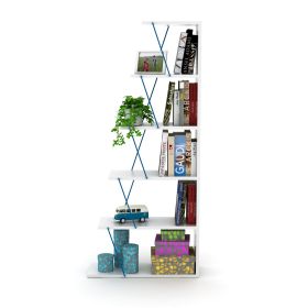 Furnish Home Store Modern 5 Tier Ladder Bookshelf Organizers; Narrow Bookshelf for Small Spaces Office Furniture Bookcase ; White/Blue