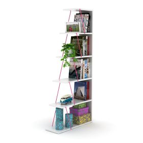 Furnish Home Store Modern 5 Tier Ladder Bookshelf Organizers; Narrow Bookshelf for Small Spaces Office Furniture Bookcase ; White/Pink