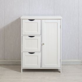 White Bathroom Floor Storage Cabinet; Wooden Freestanding Storage Cabinet; Side Storage Organizer with 1 Cupboard and 3 Drawers