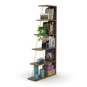 Furnish Home Store Modern 5 Tier Ladder Bookshelf Organizers; Narrow Bookshelf for Small Spaces Office Furniture Bookcase; Walnut/Yellow