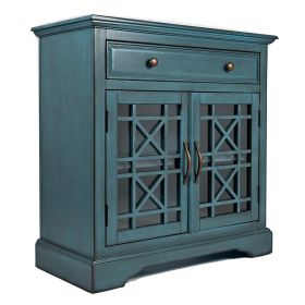 Craftsman Series 32 Inch Wooden Accent Cabinet with Fretwork Glass Front; Blue