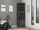 Syrah Corner Bar Cabinet; Eight Bottle Cubbies; Double Door; Two Open Shelves -Smokey Oak