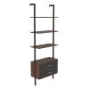 Ladder Bookcase; Vertical open space shelf with 2 drawers; office bookshelf wall mount required (walnut); provides storage for artwork; decorative fig