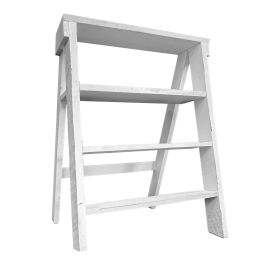 27 Inch Pinewood Ladder Bookcase; 4 Tier Open Shelves; Weathered White