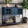 TREXM Sideboard Console Table with Bottom Shelf; Farmhouse Wood/Glass Buffet Storage Cabinet Living Room (Antique Navy)