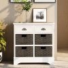 TREXM Rustic Storage Cabinet with Two Drawers and Four Classic Rattan Basket for Dining Room/Living Room (White)