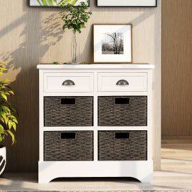 TREXM Rustic Storage Cabinet with Two Drawers and Four Classic Rattan Basket for Dining Room/Living Room (White)