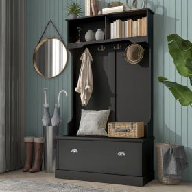 ON-TREND Hall Tree with 4 Hooks; Coat Hanger; Entryway Bench; Storage Bench; 3-in-1 Design; for Livingroom; Hallway (BLACK)