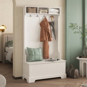 ON-TREND Hall Tree with 4 Hooks and Hinged Lid; Coat Hanger; Entryway Bench; Storage Bench; 3-in-1 Design; for Entrance; Hallway (White)