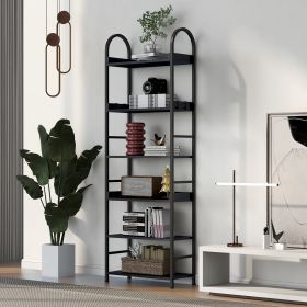 70.8 Inch Tall Bookshelf; 6-tier Shelves with Round Top Frame; MDF Boards; Adjustable Foot Pads; Black