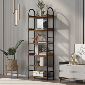 70.8 Inch Tall Bookshelf; 6-tier Shelves with Round Top Frame; MDF Boards; Adjustable Foot Pads; Brown