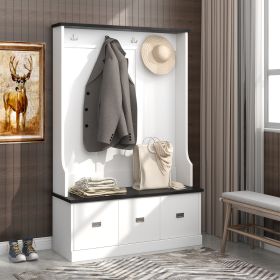 ON-TREND Two-tone Hall Tree with 4 Hooks and 3 Large Drawers; Coat Hanger; Entryway Bench; Storage Bench; 3-in-1 Design; for Entrance; Hallway (White)