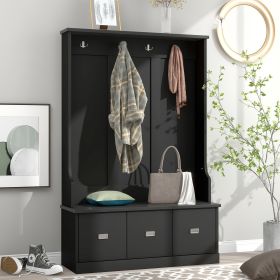 ON-TREND Hall Tree with 4 Hooks and 3 Large Drawers; Coat Hanger; Entryway Bench; Storage Bench; 3-in-1 Design; for Entrance; Hallway (Black)