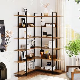 74.8 Inch Bookshelf L-shape MDF Boards Stainless Steel Frame Corner 6-tier Shelves Adjustable Foot Pads; Brown