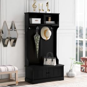 TREXM Hall Tree Entryway Bench with Shelves Cabinet and Four Hooks; 3-in-1 Design; Black (Restock in Late August)