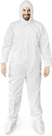 Disposable SF Coveralls. Pack of 5 White Body Protective Suits of Laminated Polypropylene 60 gsm. Medium PPE Workwear with Microporous Film; Hood; Boo