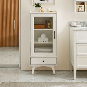 Modern Bathroom Storage Cabinet & Floor Standing cabinet with Glass Door with Double Adjustable Shelves and One Drawer, Extra Storage Space on Top, Wh