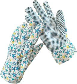 Pack of 12 Ladies Garden Gloves; Assorted Floral Cotton Jersey Medium Size; Green Breathable Gardening Gloves for Woman; Resistant PVC Dotted Palm Glo