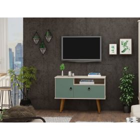 Manhattan Comfort Tribeca 35.43 Mid-Century Modern TV Stand with Solid Wood Legs in Off White and Green Mint