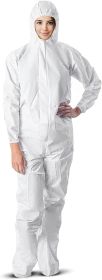 Disposable Protective Suits X-Large. Pack of 5 White Hazmat Suits; 60 gsm SMS Disposable Coveralls. Unisex Painters Suit with Attached Hood; Zipper Fr