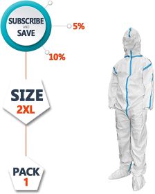 Disposable Coverall. White Polypropylene 50 gsm Overall with Waterproof Microporous Film. Laminated XX-Large Full Body Protective Suit with Hood and B