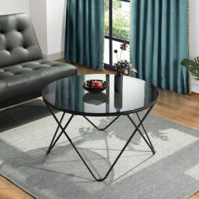 Modern Round Coffee Table with Black Glass and Metal Frame Central Coffee Table for Living Room