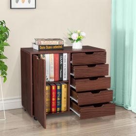 Single Door Five Drawers MDF With PVC Wooden Filing Cabinet Dark Brown