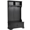 TREXM Hall Tree Entryway Bench with Shelves Cabinet and Four Hooks; 3-in-1 Design; Black (Restock in Late August)