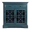 Craftsman Series 32 Inch Wooden Accent Cabinet with Fretwork Glass Front; Blue