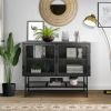 Double Mesh Door Storage Cabinet with Adjustable Shelf and Feet Cold-Rolled Steel Sideboard Furniture for Living Room Kitchen Frosted Black