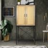 59'' High Elegant Cabinet with 2 Rattan Doors Bedroom Living Room Kitchen Cupboard Wooden Furniture with 3-Tier Shelving X-Shaped Supporting Bars Easy