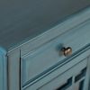 Craftsman Series 32 Inch Wooden Accent Cabinet with Fretwork Glass Front; Blue