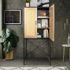 59'' High Elegant Cabinet with 2 Rattan Doors Bedroom Living Room Kitchen Cupboard Wooden Furniture with 3-Tier Shelving X-Shaped Supporting Bars Easy