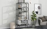 Home Office Bookcase with Cabinet Open Bookshelf Storage Large Bookshelf Furniture with Black Metal Frame; White